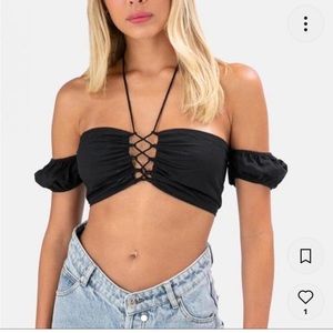 Adika black crop top with ties around neck size XS